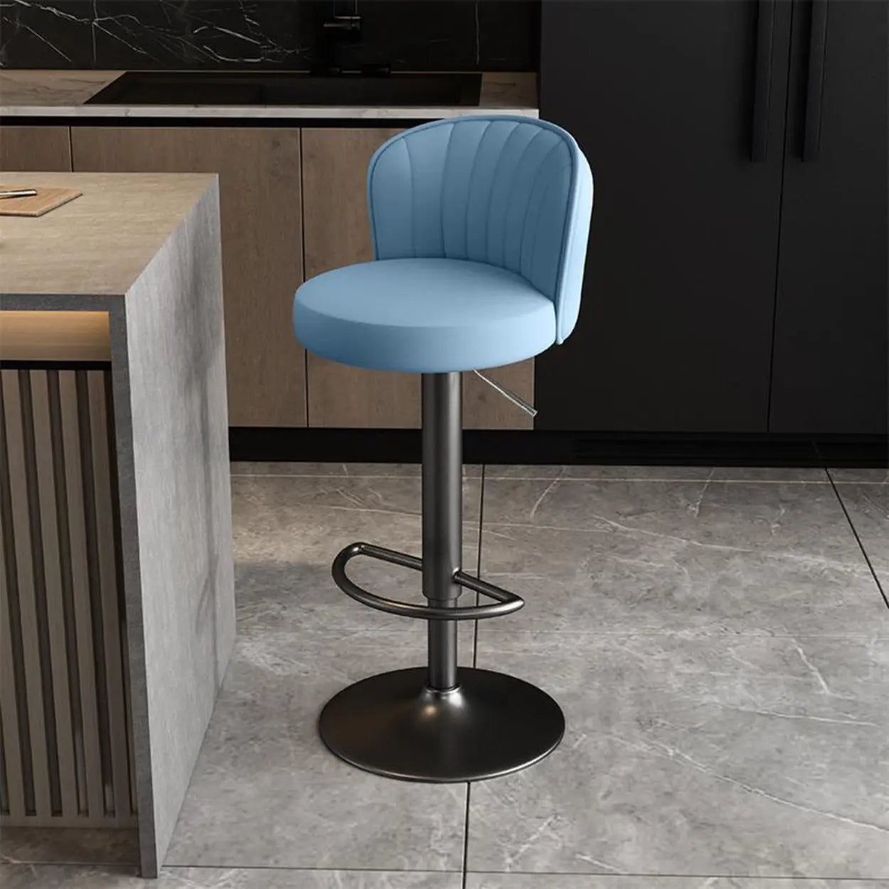 Black Round Leather Bar Stool with Metal Frame — Dark Gray / Black