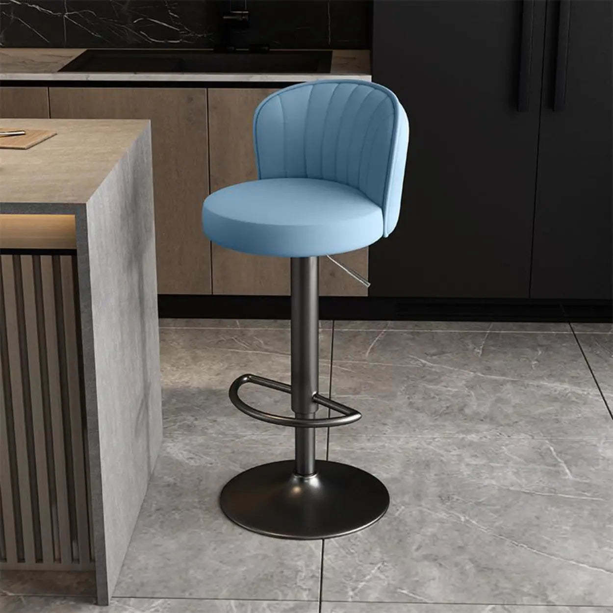 Black Round Leather Bar Stool with Metal Frame — Dark Gray / Black