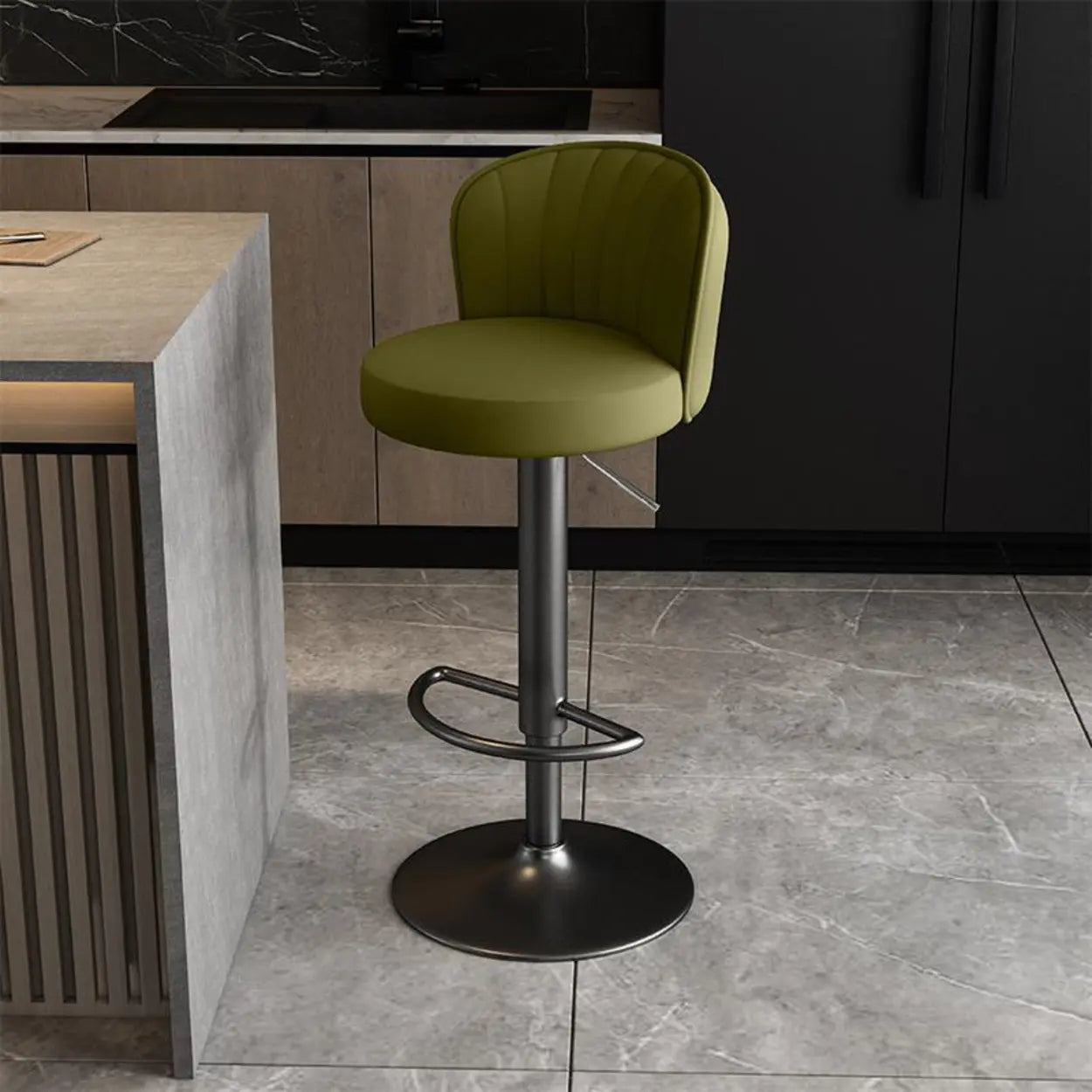Black Round Leather Bar Stool with Metal Frame — Dark Gray / Gold
