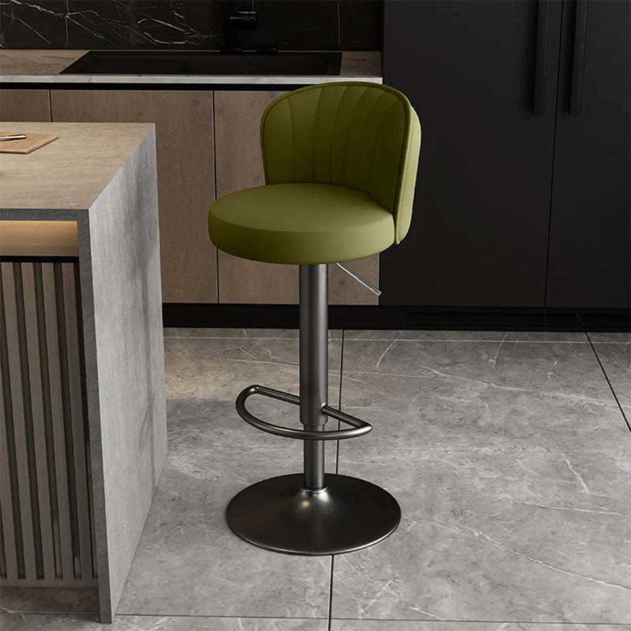 Black Round Leather Bar Stool with Metal Frame — Dark Gray / Gold
