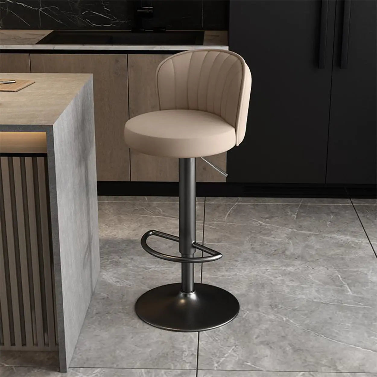 Black Round Leather Bar Stool with Metal Frame — Dark Gray / Gold