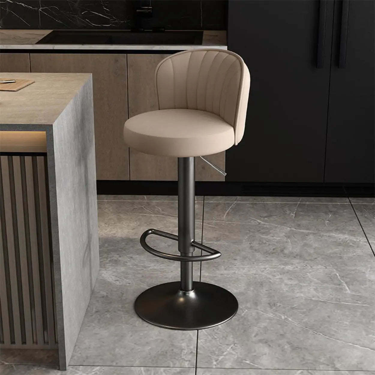 Black Round Leather Bar Stool with Metal Frame — Dark Gray / Gold