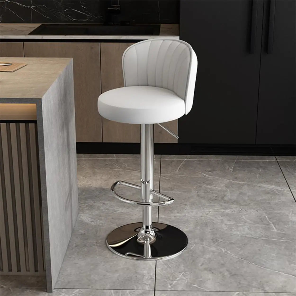 Black Round Leather Bar Stool with Metal Frame — Black / Gold