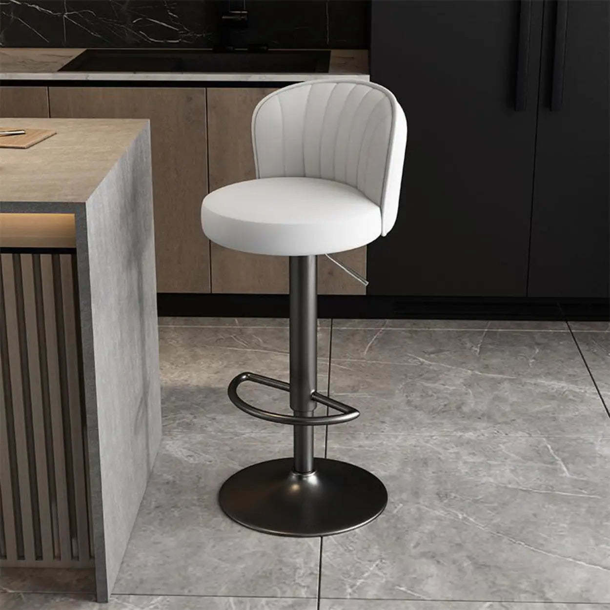 Black Round Leather Bar Stool with Metal Frame — Dark Gray / Silver