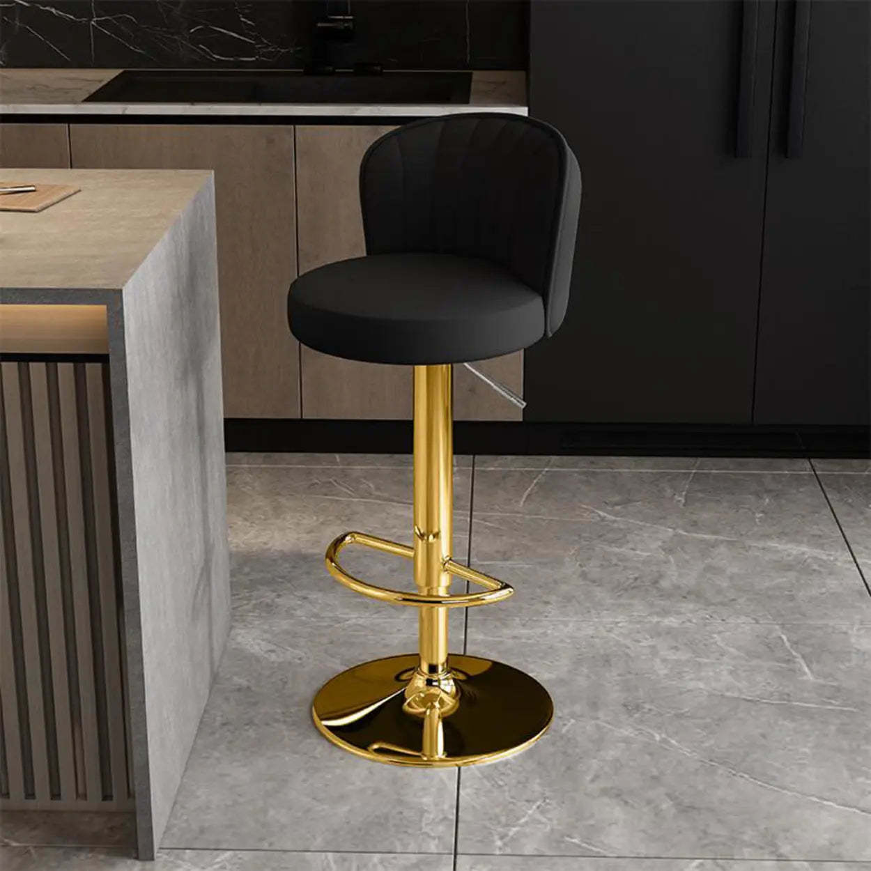Black Round Leather Bar Stool with Metal Frame — Dark Gray / Silver