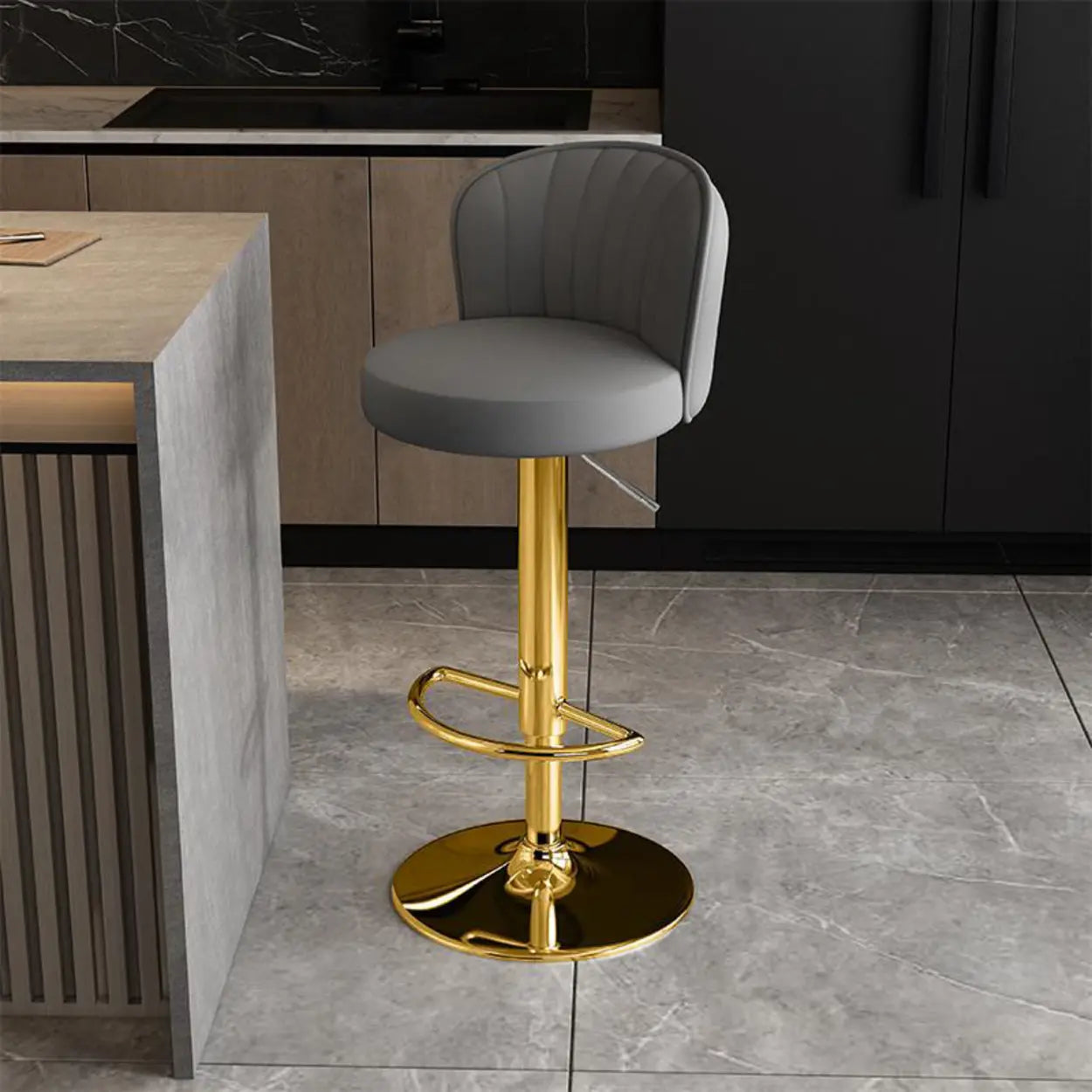 Black Round Leather Bar Stool with Metal Frame — Light Gray / Black