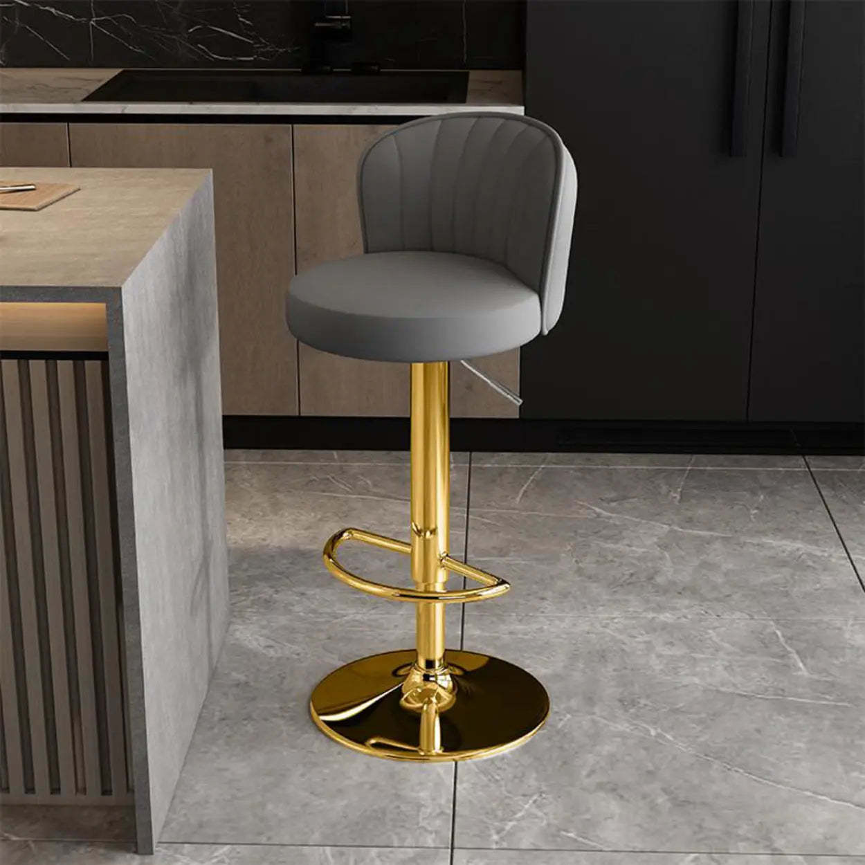 Black Round Leather Bar Stool with Metal Frame — Light Gray / Black