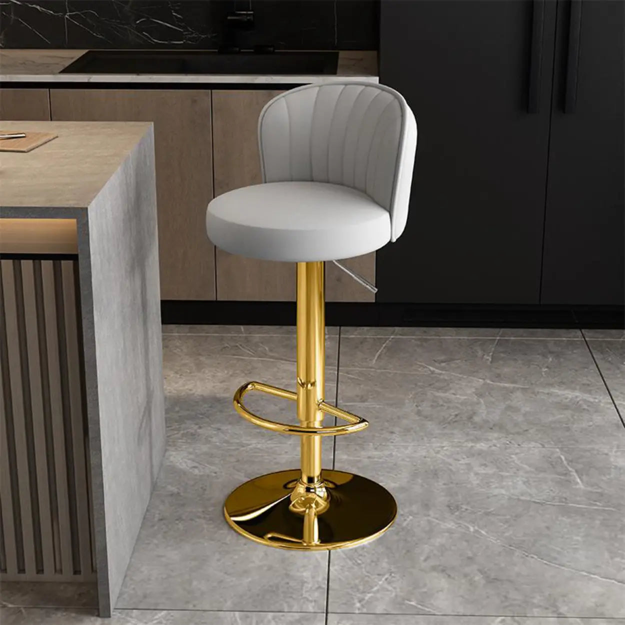 Black Round Leather Bar Stool with Metal Frame — Light Gray / Black