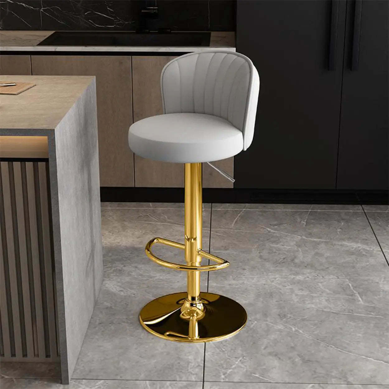 Black Round Leather Bar Stool with Metal Frame — Light Gray / Black