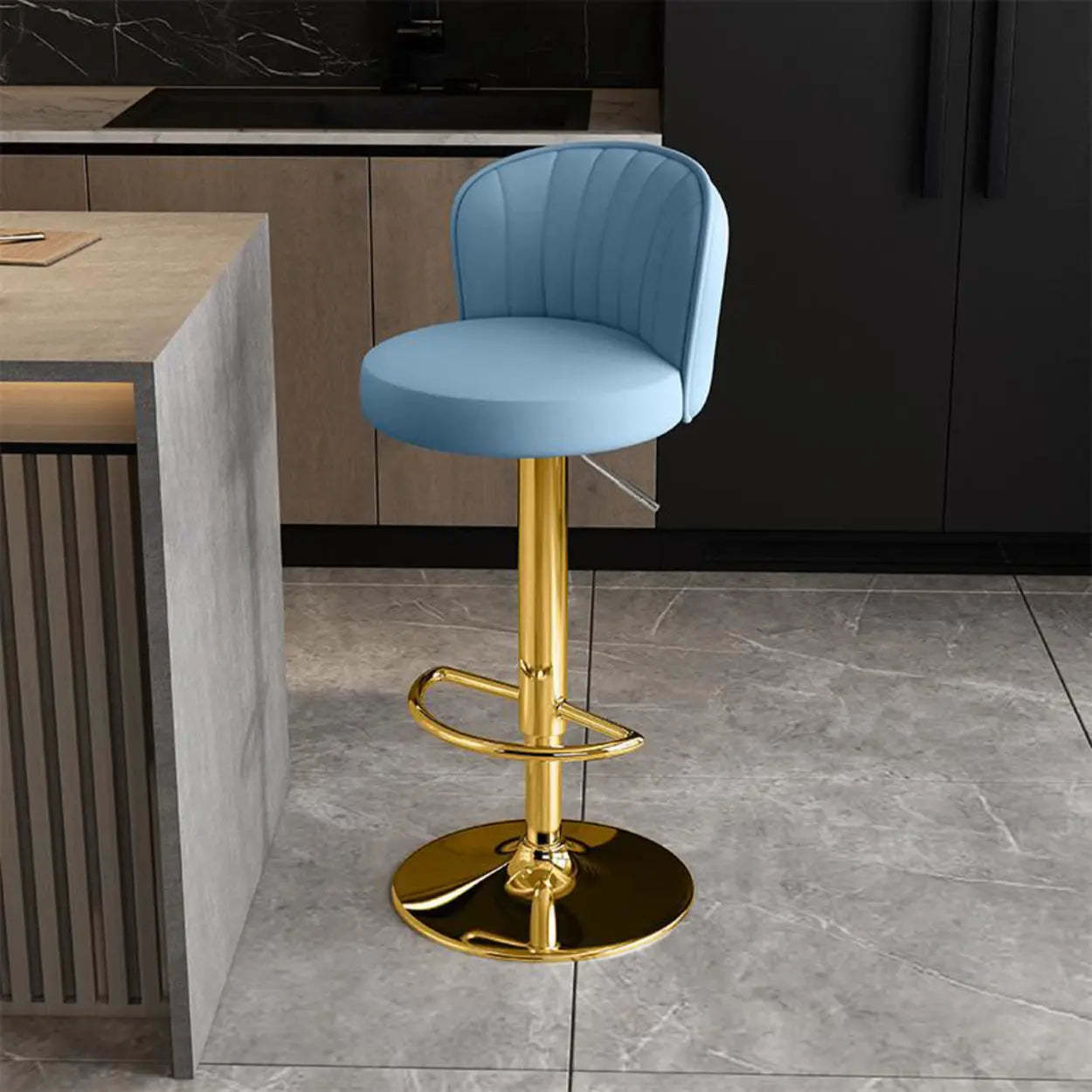 Black Round Leather Bar Stool with Metal Frame — Light Gray / Gold