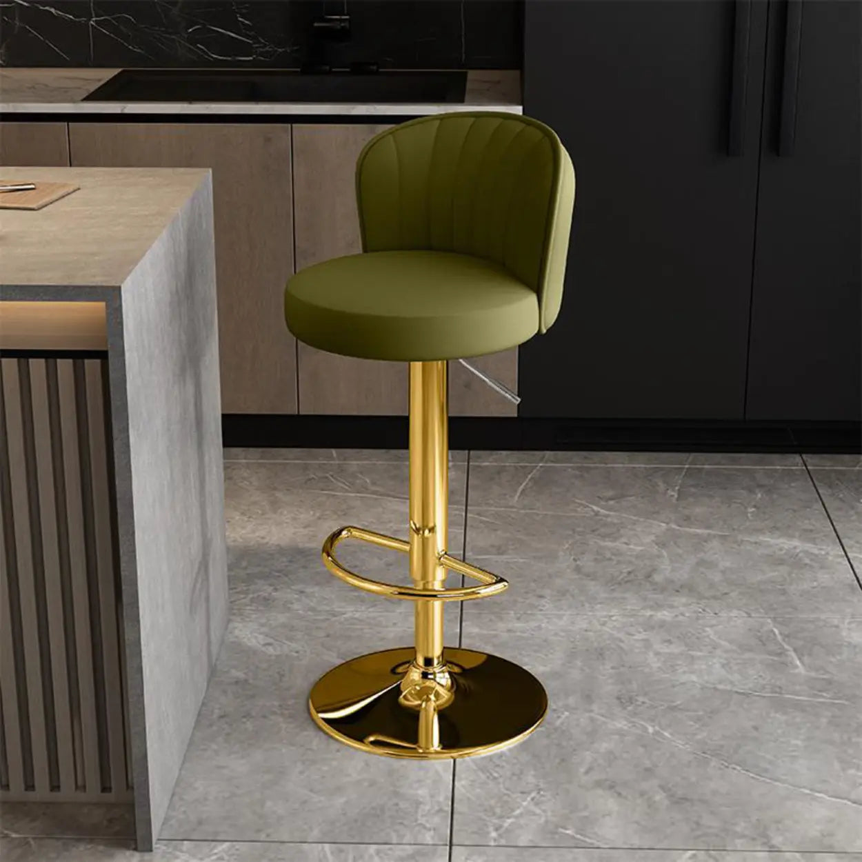 Black Round Leather Bar Stool with Metal Frame — Light Gray / Silver