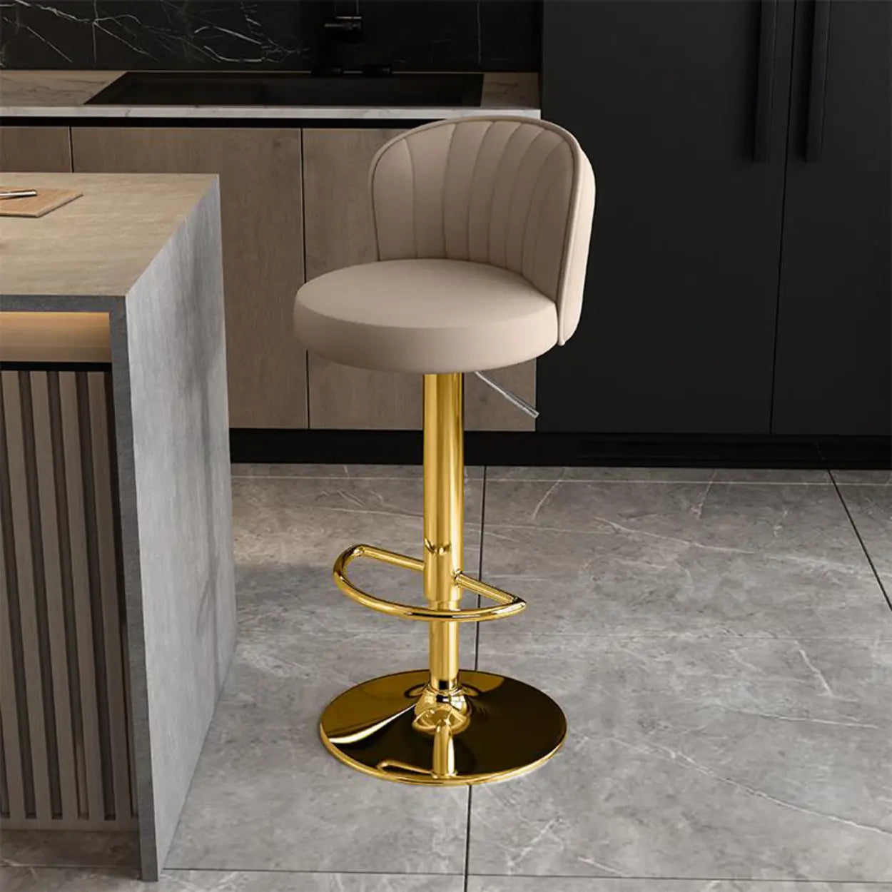 Black Round Leather Bar Stool with Metal Frame — Light Gray / Silver