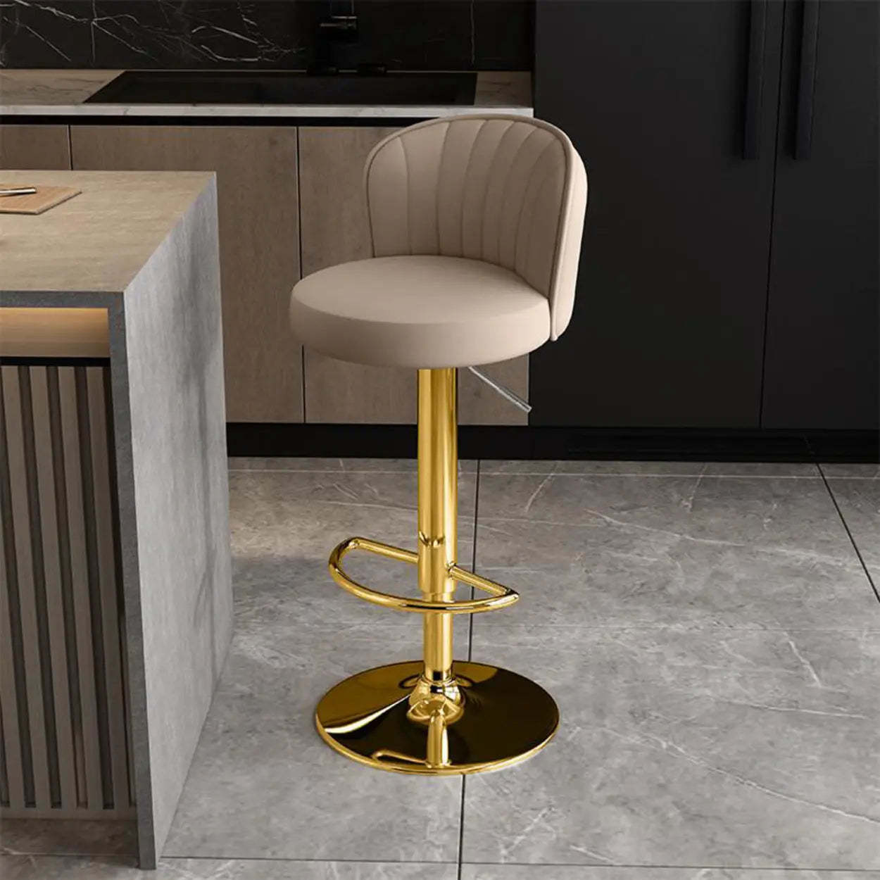 Black Round Leather Bar Stool with Metal Frame — Light Gray / Silver