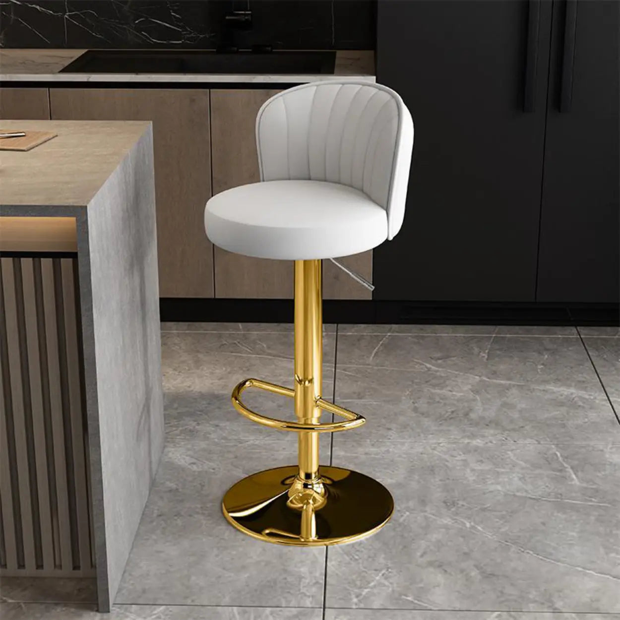 Black Round Leather Bar Stool with Metal Frame