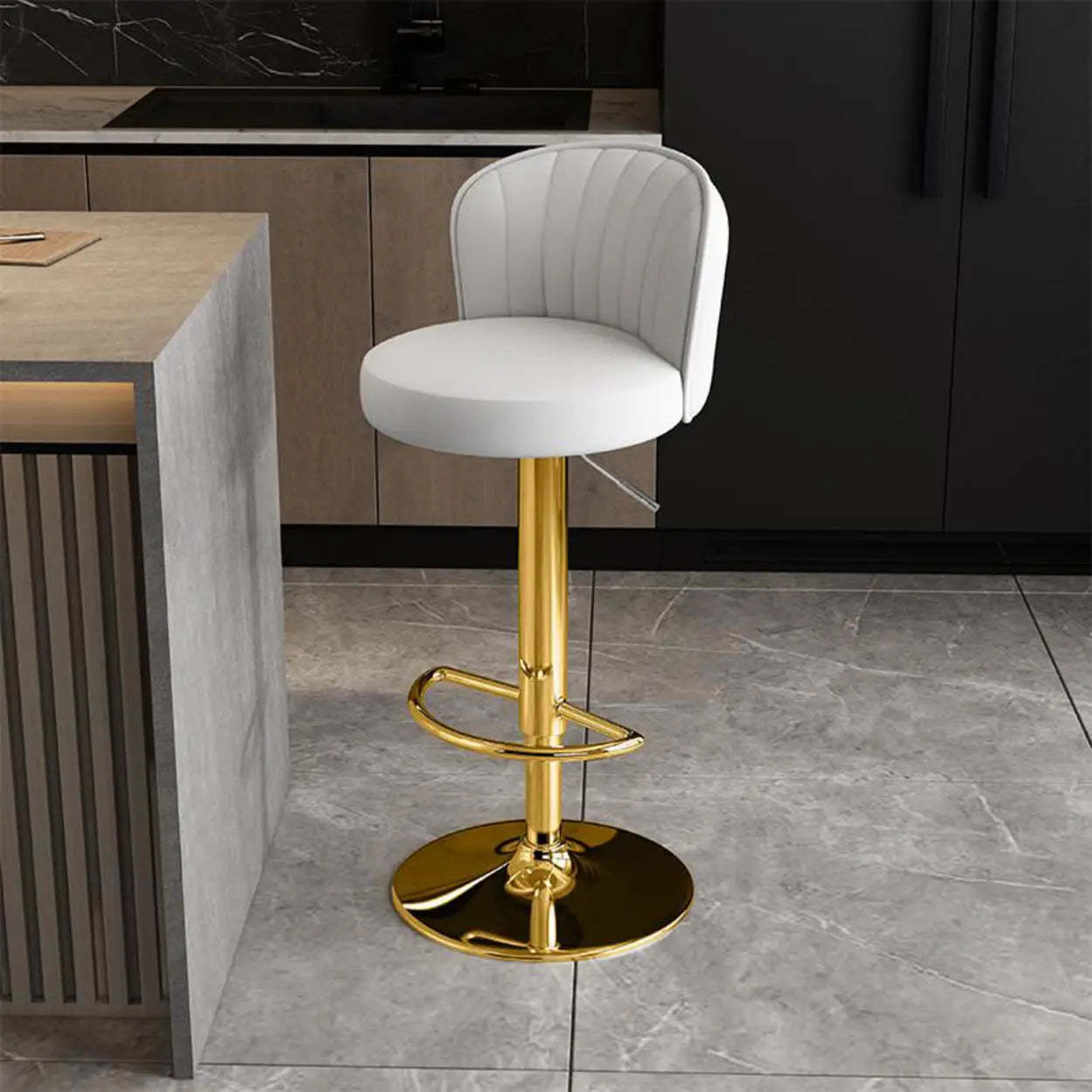 Black Round Leather Bar Stool with Metal Frame