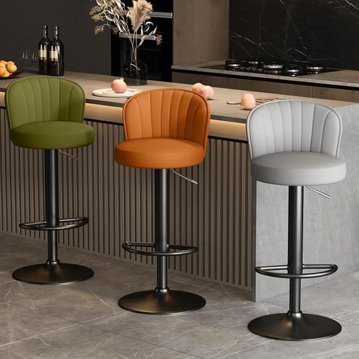 Black Round Leather Bar Stool with Metal Frame — Black / Silver