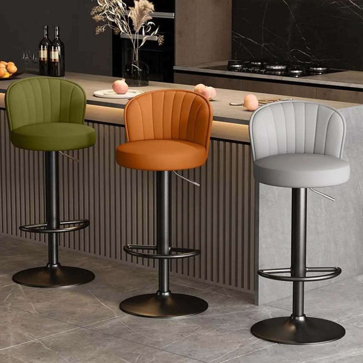 Black Round Leather Bar Stool with Metal Frame — Black / Silver