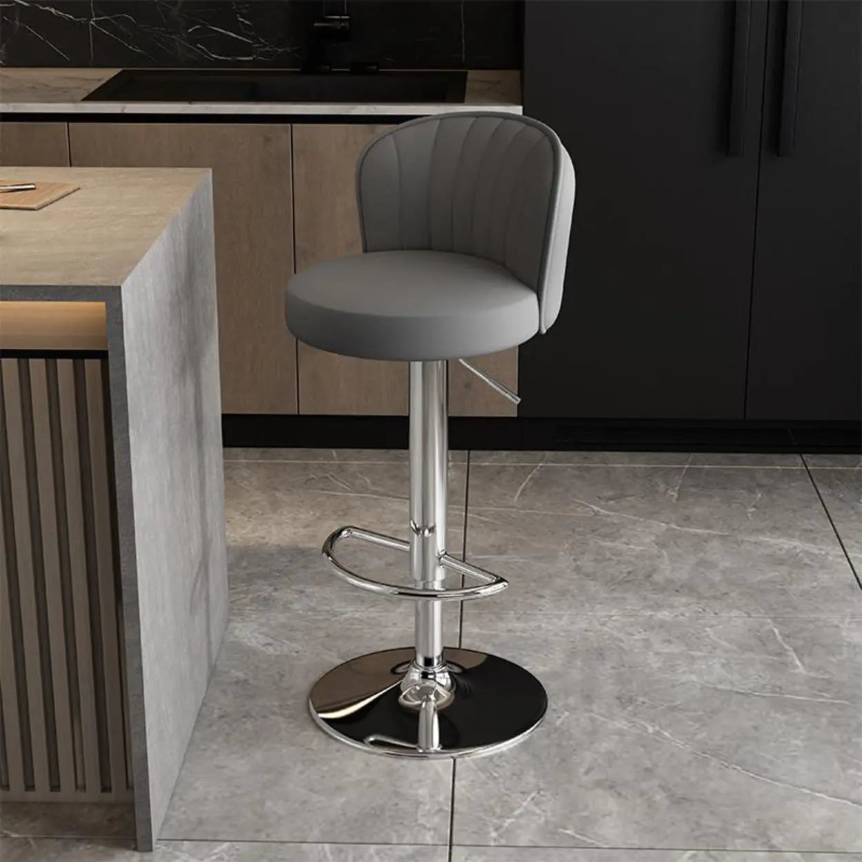 Black Round Leather Bar Stool with Metal Frame
