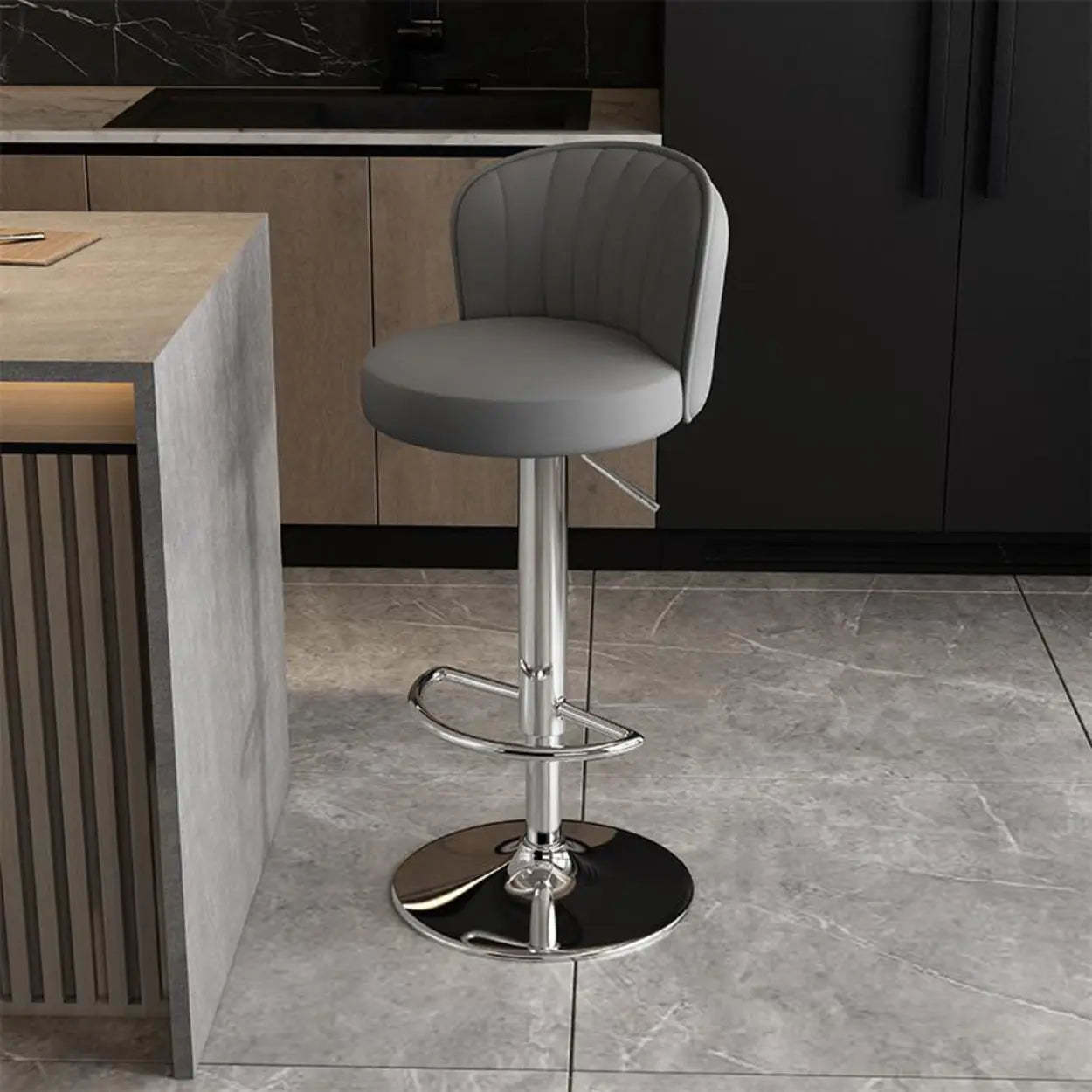 Black Round Leather Bar Stool with Metal Frame