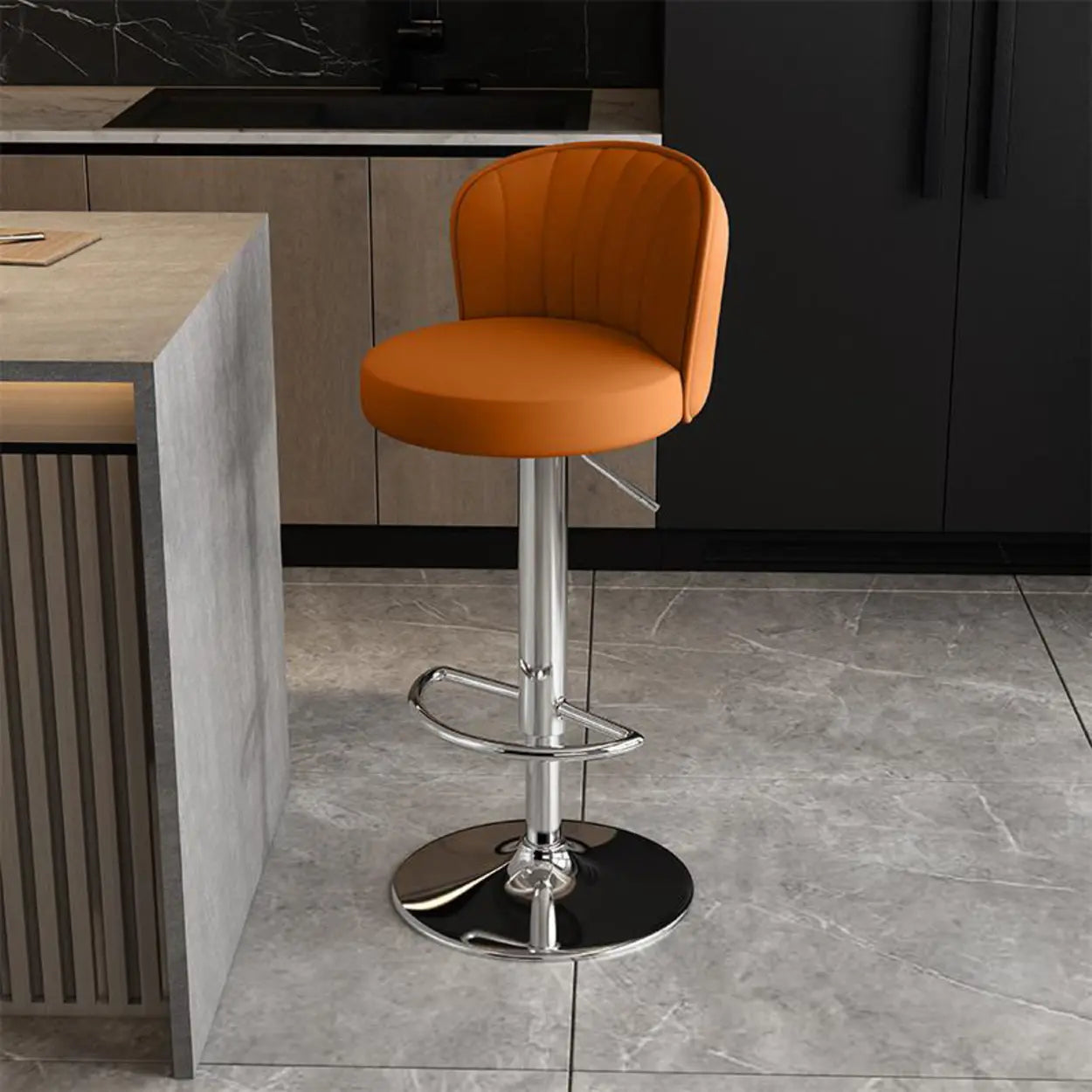 Black Round Leather Bar Stool with Metal Frame