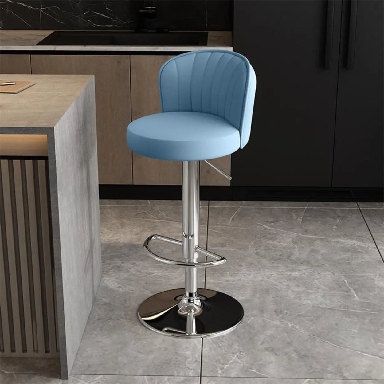 Black Round Leather Bar Stool with Metal Frame