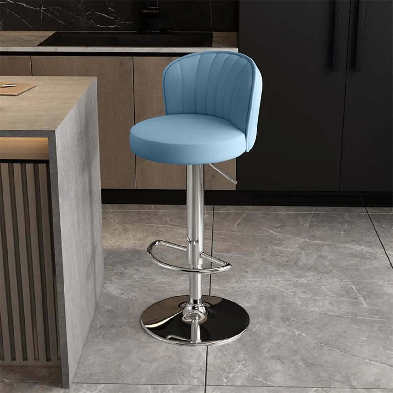 Black Round Leather Bar Stool with Metal Frame