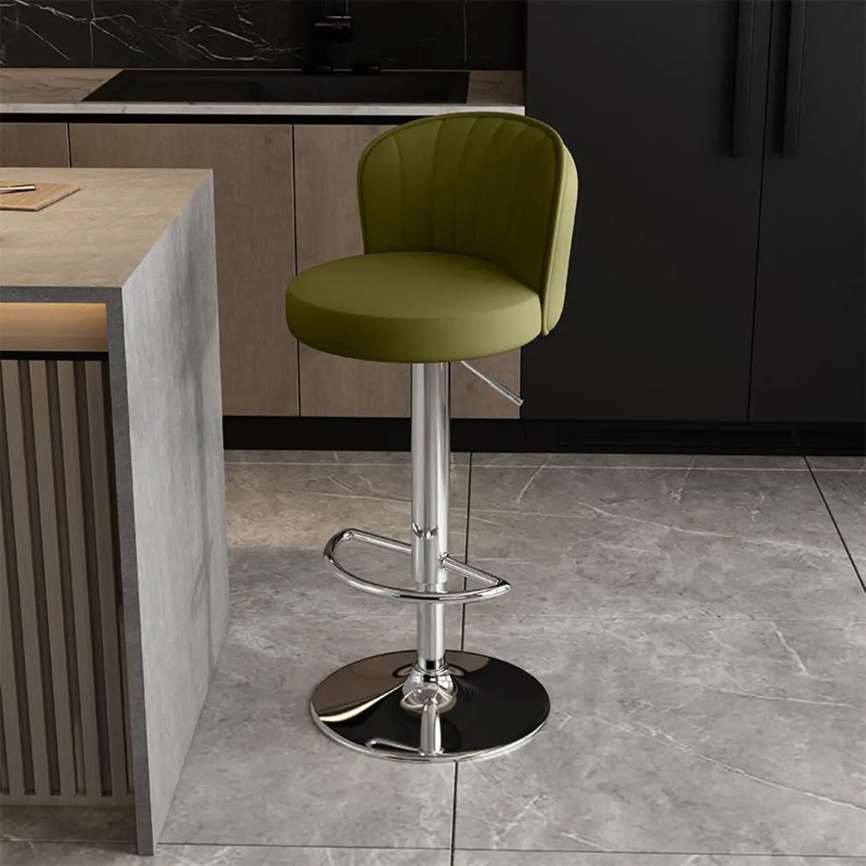 Black Round Leather Bar Stool with Metal Frame