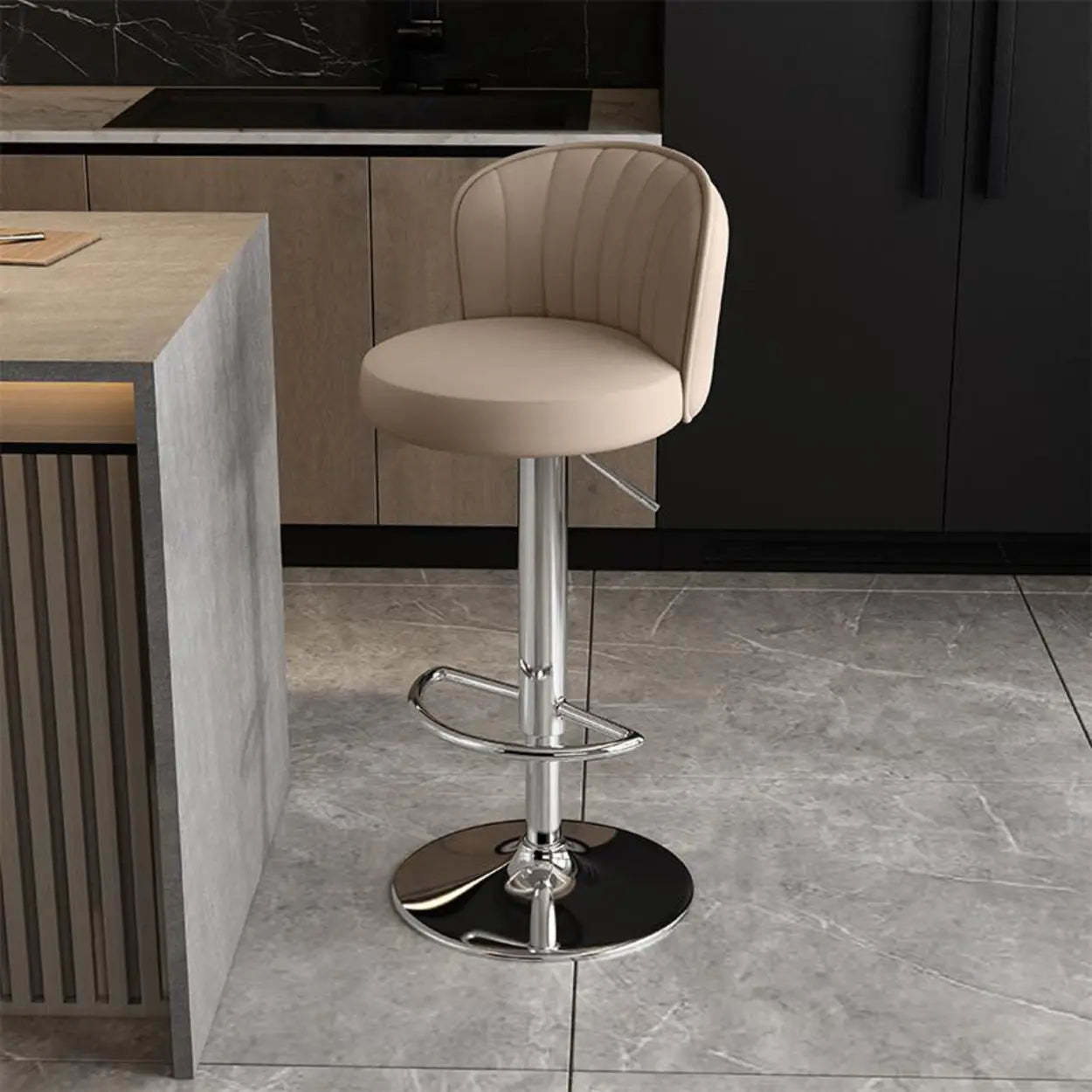 Black Round Leather Bar Stool with Metal Frame