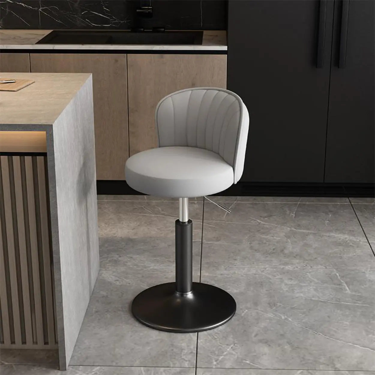 Black Round Leather Bar Stool with Metal Frame — Black / Silver