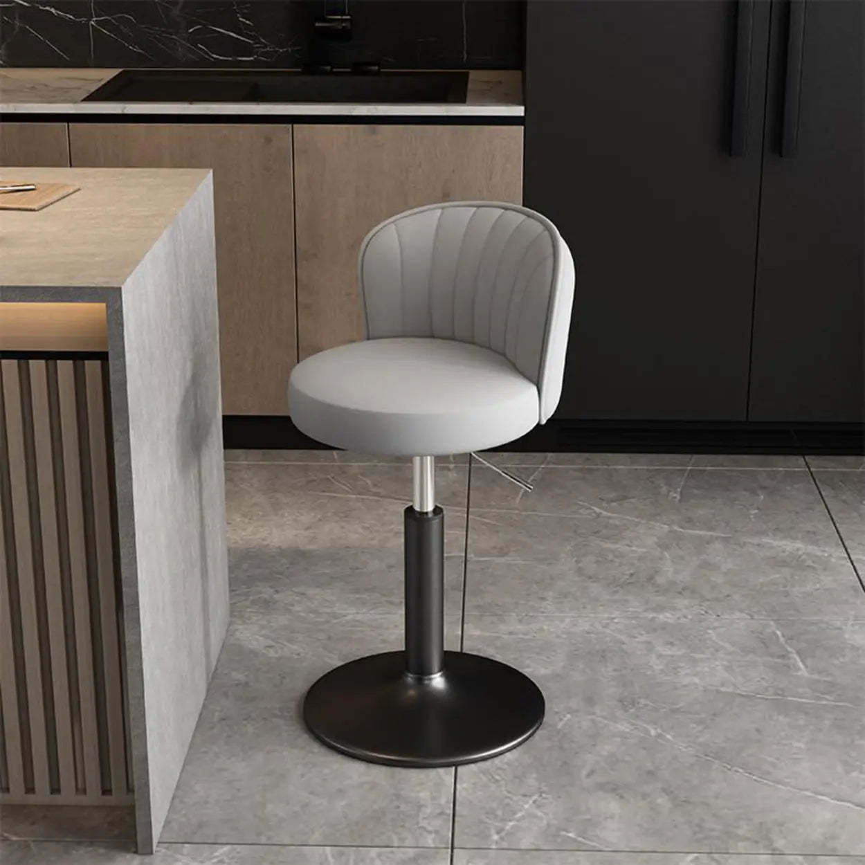 Black Round Leather Bar Stool with Metal Frame — Black / Silver