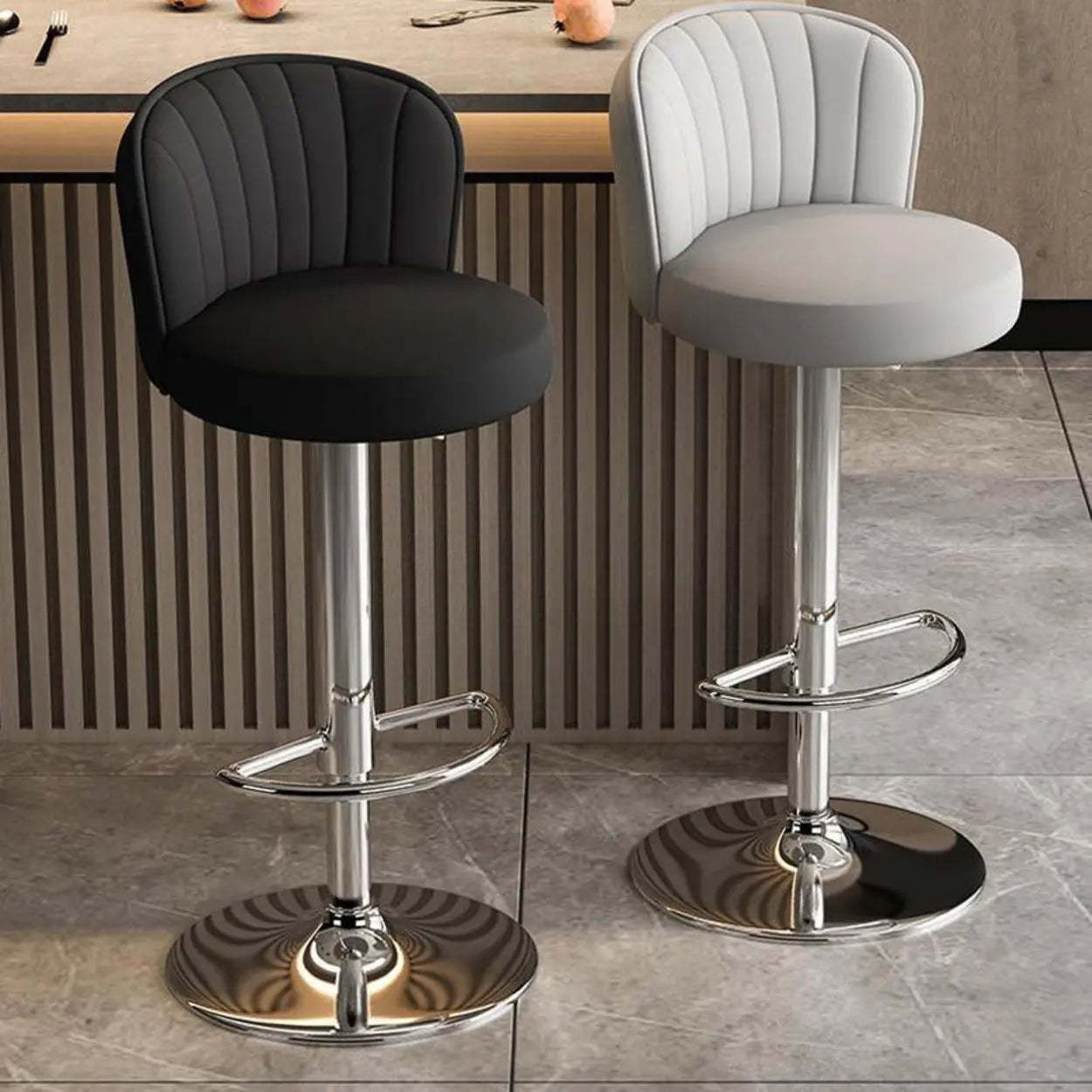 Black Round Leather Bar Stool with Metal Frame — Off-White / Black
