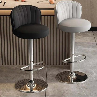 Black Round Leather Bar Stool with Metal Frame — Off-White / Black