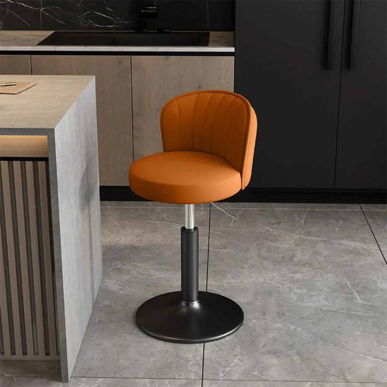 Black Round Leather Bar Stool with Metal Frame — Off-White / Black