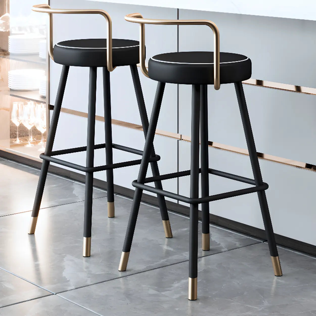 Black Round Leather Gold Accent Counter Bar Stool