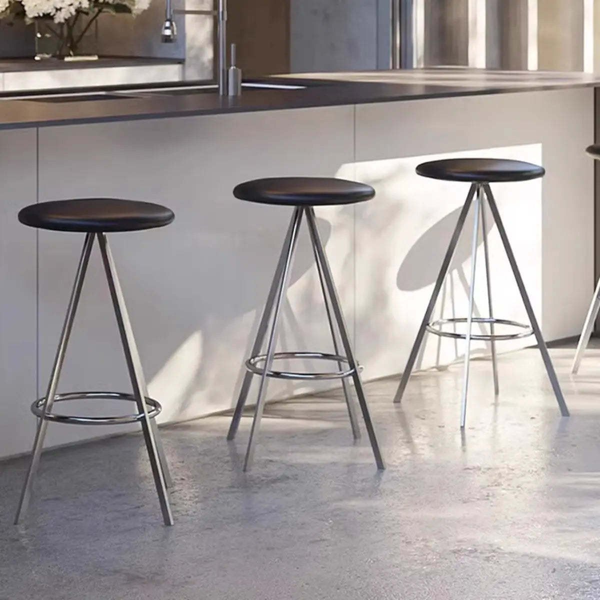 Black Round Leather Metal Backless Bistro Bar Stool — Black