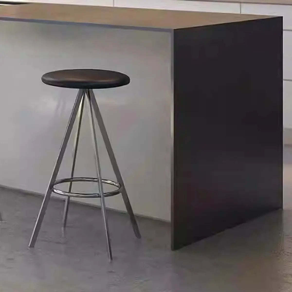 Black Round Leather Metal Backless Bistro Bar Stool — Brown