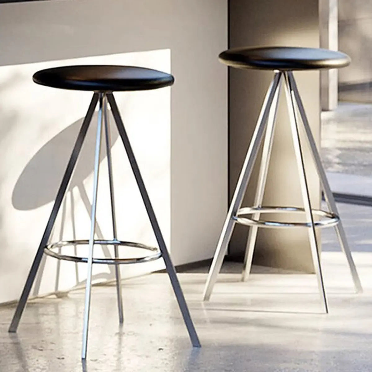 Black Round Leather Metal Backless Bistro Bar Stool — Black