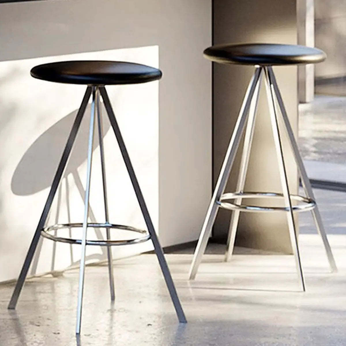 Black Round Leather Metal Backless Bistro Bar Stool — Black