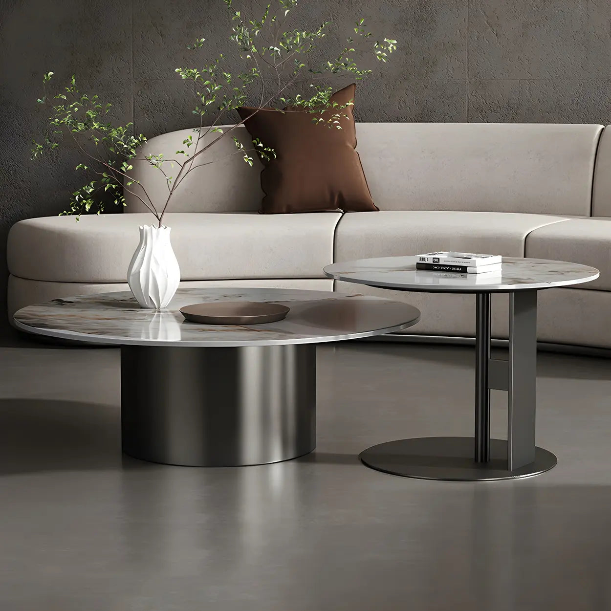 Black Round Stone-Top Metal Nesting Coffee Table — Black