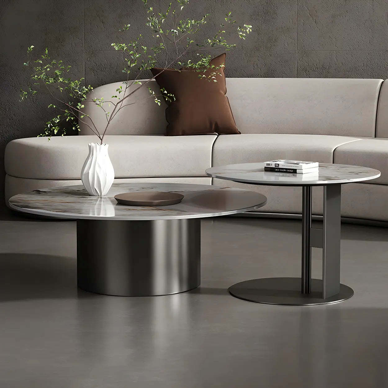 Black Round Stone-Top Metal Nesting Coffee Table — Black