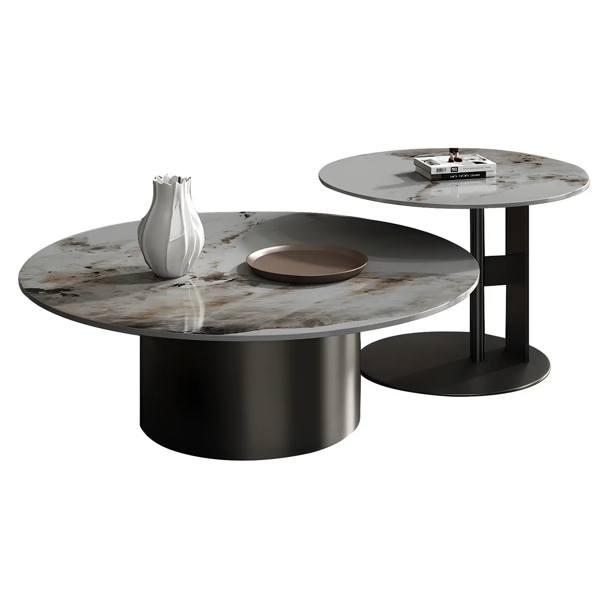 Black Round Stone-Top Metal Nesting Coffee Table — Gold
