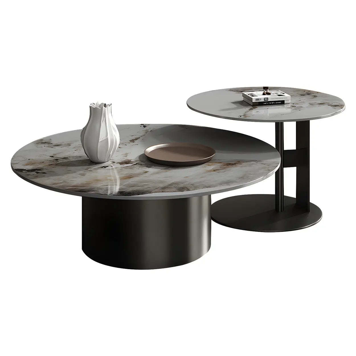 Black Round Stone-Top Metal Nesting Coffee Table — Gold