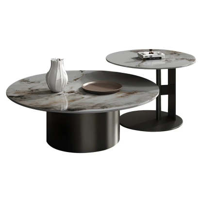 Black Round Stone-Top Metal Nesting Coffee Table — Gold
