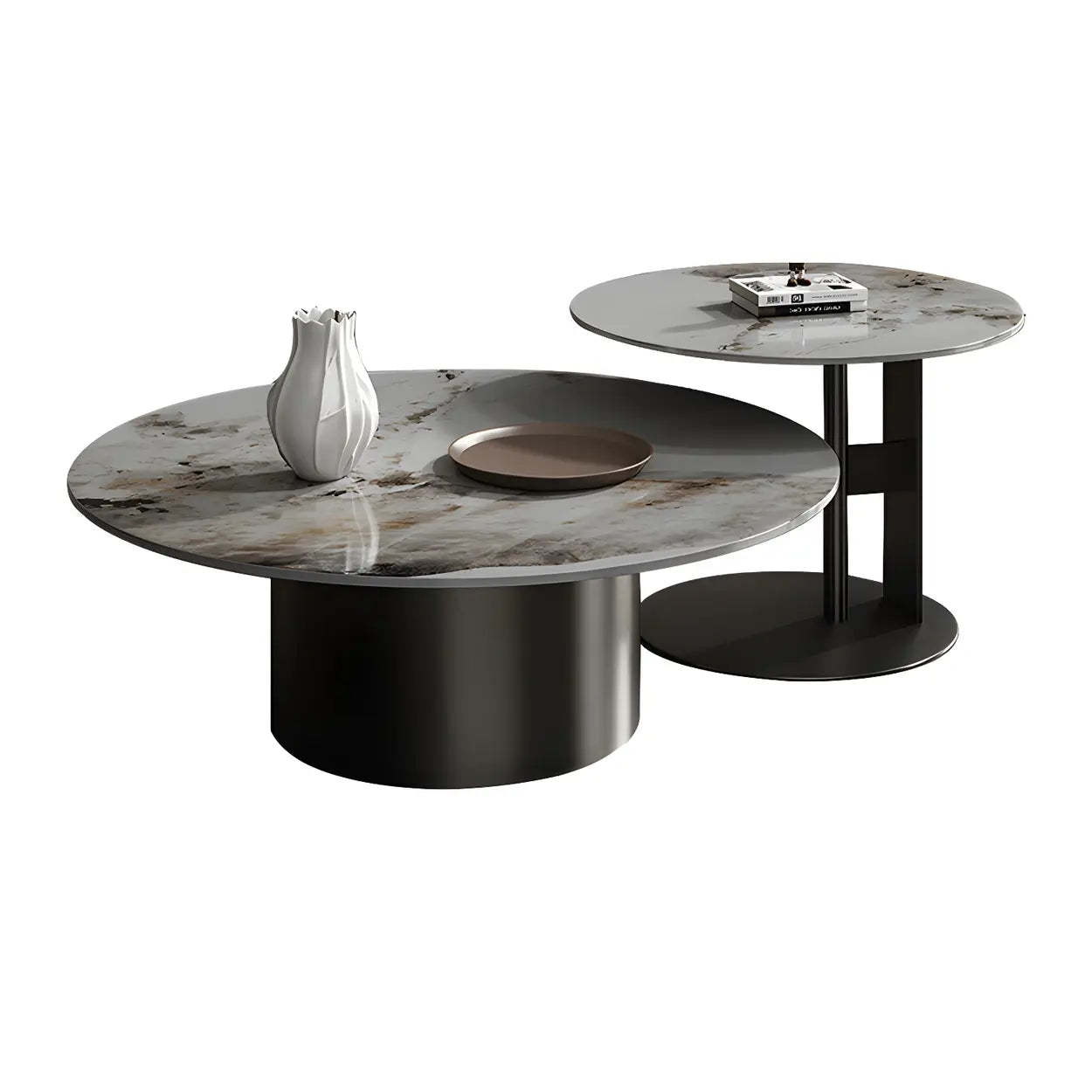 Black Round Stone-Top Metal Nesting Coffee Table — Black