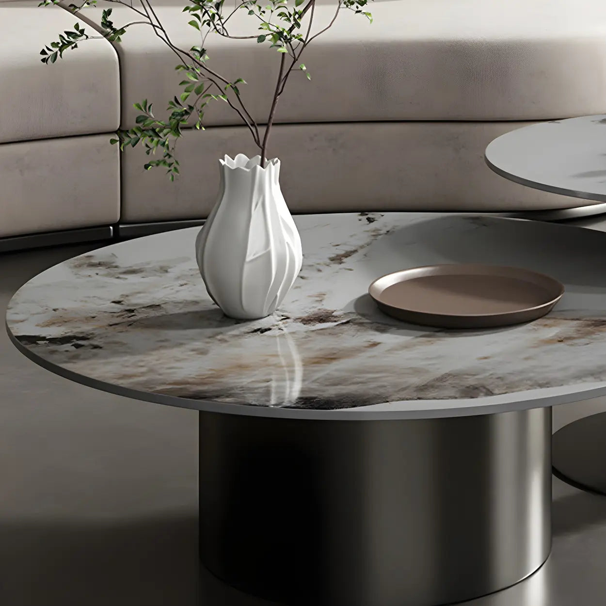 Black Round Stone-Top Metal Nesting Coffee Table — Gold