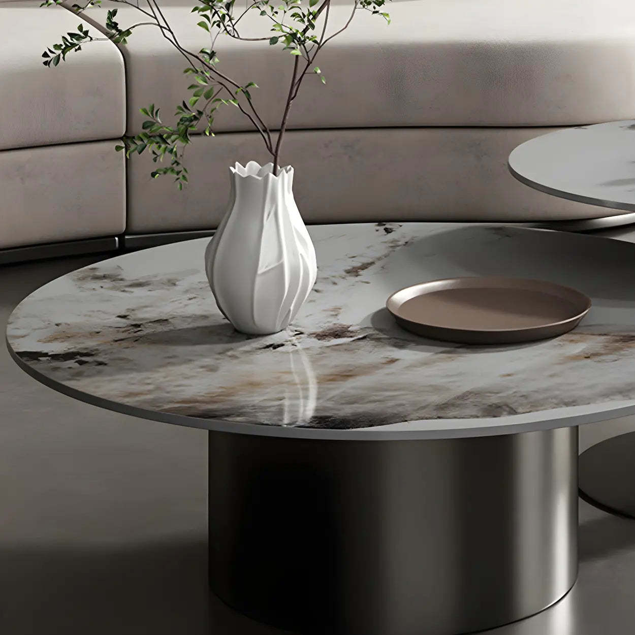 Black Round Stone-Top Metal Nesting Coffee Table — Gold