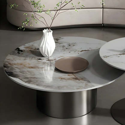 Black Round Stone-Top Metal Nesting Coffee Table — Black