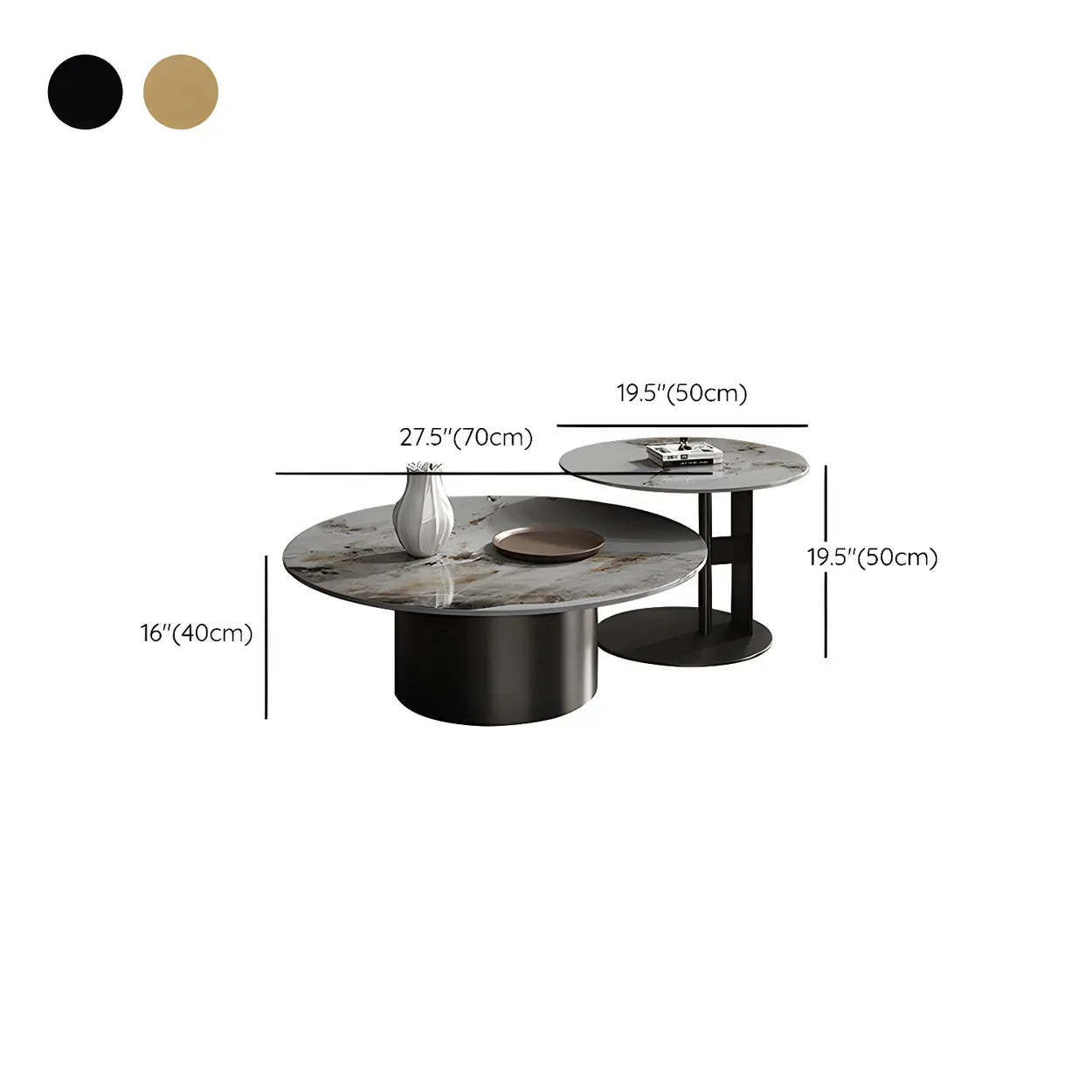 Black Round Stone-Top Metal Nesting Coffee Table