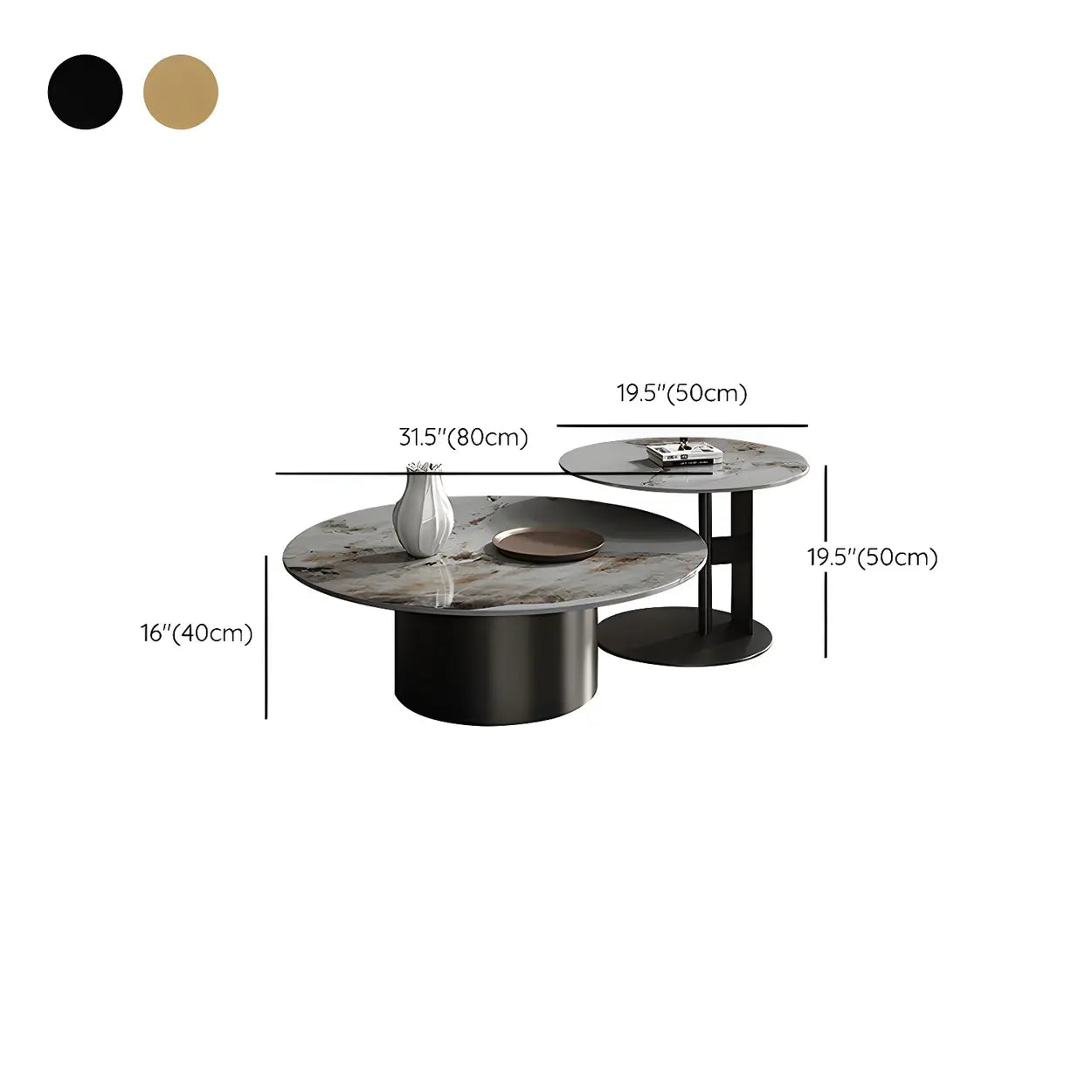 Black Round Stone-Top Metal Nesting Coffee Table