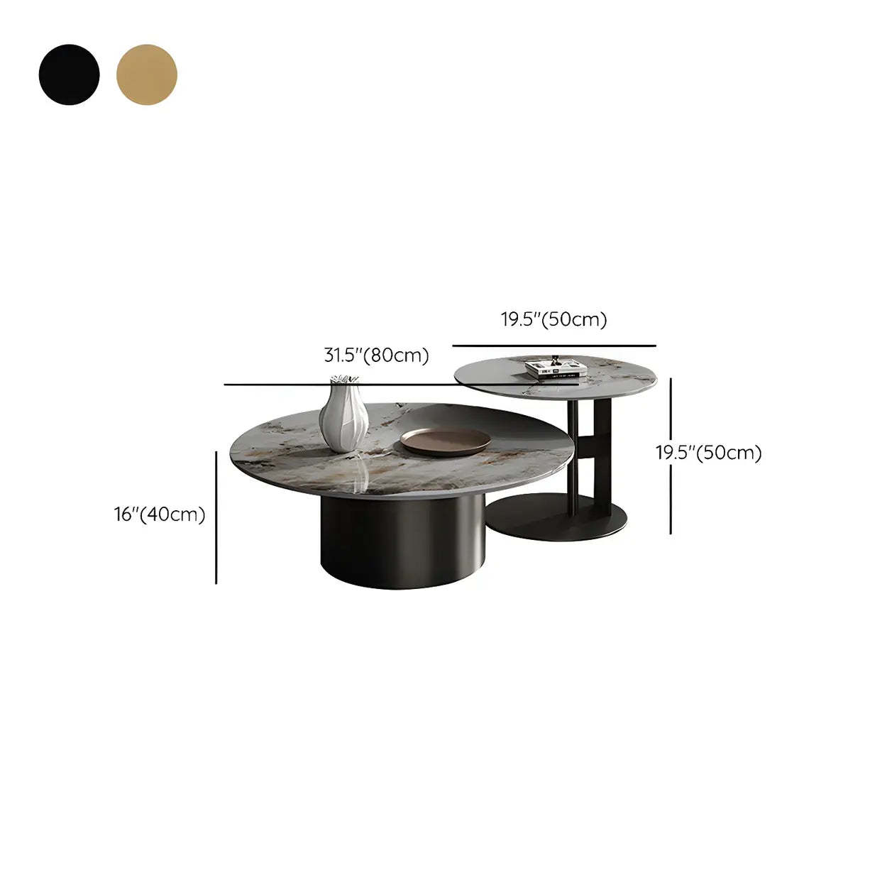 Black Round Stone-Top Metal Nesting Coffee Table
